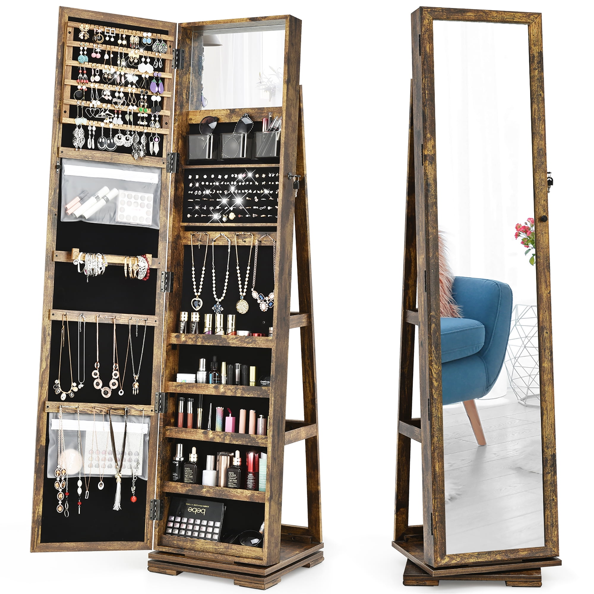 Mirrored Jewelry Cabinet Armoire Lockable Standing Storage Organizer W/ Shelf 