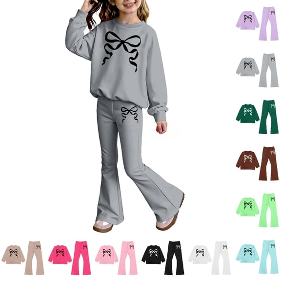 Bmisegm Girls Outfits Long Sleeve Top and Flare Pants with Bow Print Elegant Two Piece Set for Toddler and Kid Girls' Clothing Sets 2-10 Years,01_Grey,6-7 Years