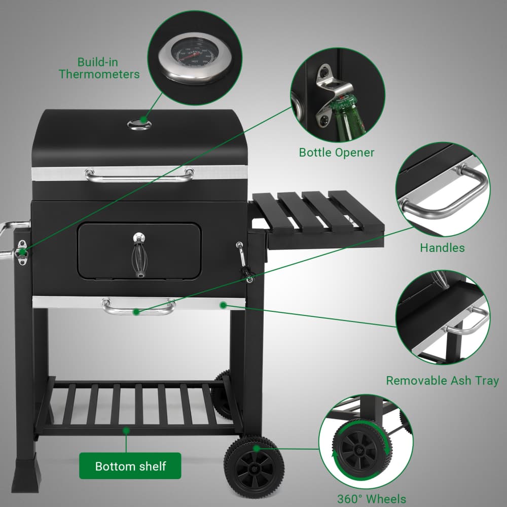 Hassch Outdoor Charcoal Grill with 2 Wheels, Heavy Duty Cooking Grill with Foldable Side Table, Hanging Hooks and Storage Shelf for Picnic, Party, Camping, Black