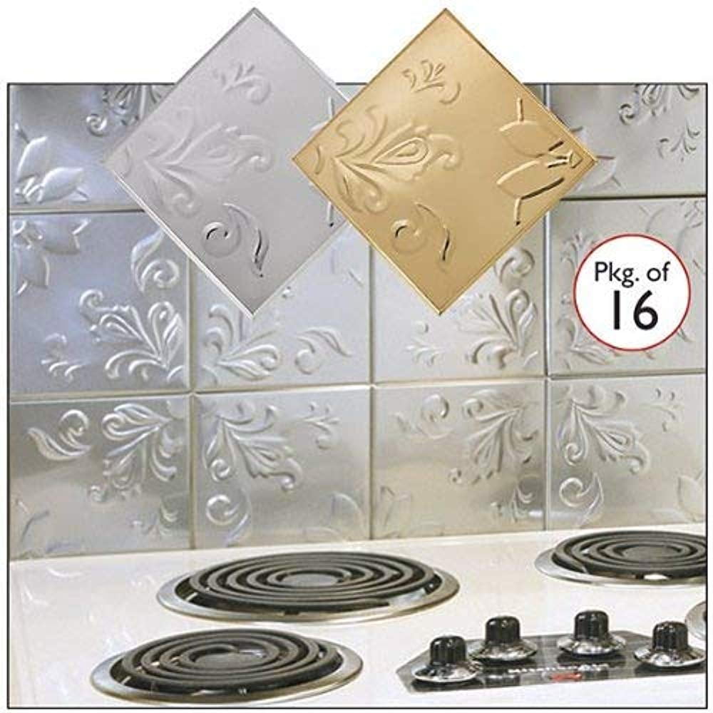 SELF ADHESIVE  WHITE EMBOSSED FLORAL TIN TILES 6" x 6" SET OF 16 