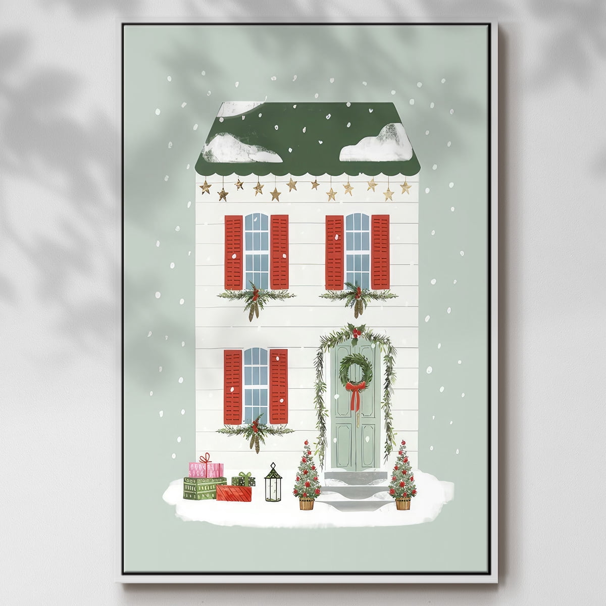 Festive Front Door IV - Framed Gallery Wrapped Holiday Canvas - 17 x 25 - White Frame