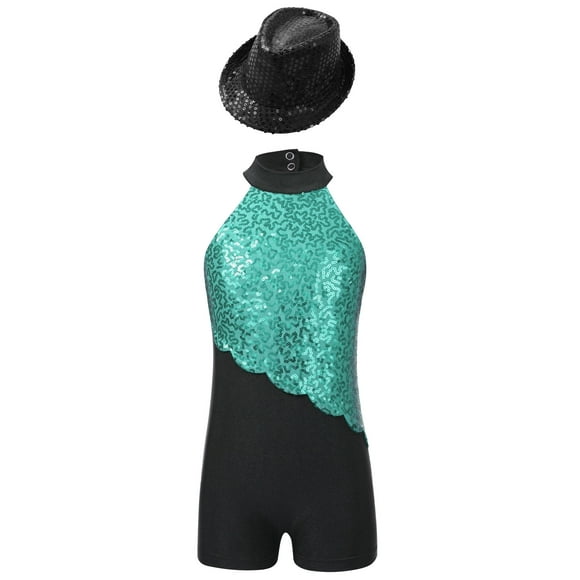 iiniim Kids Girls Sparkly Sleeveless Mock Neck Unitard Jumpsuit with Sequins Hat Latin Jazz Ballet Dance Costume Light Green&Black 16