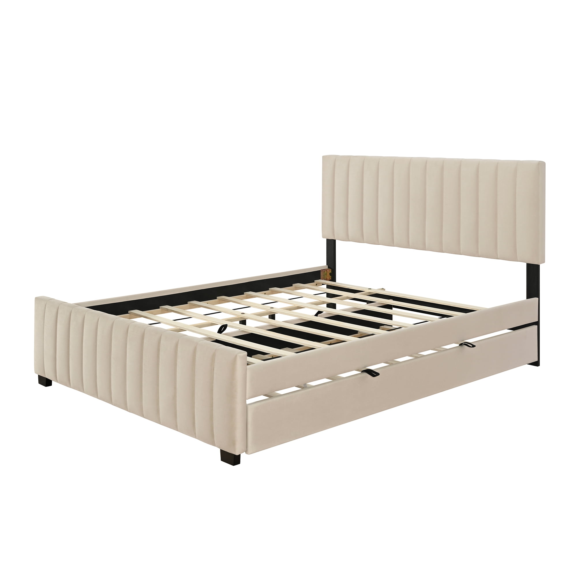 Aukfa Queen Size Upholstered Bed Frame with Twin XL Trundle, Velvet Tufted Headboard & Footboard, Beige