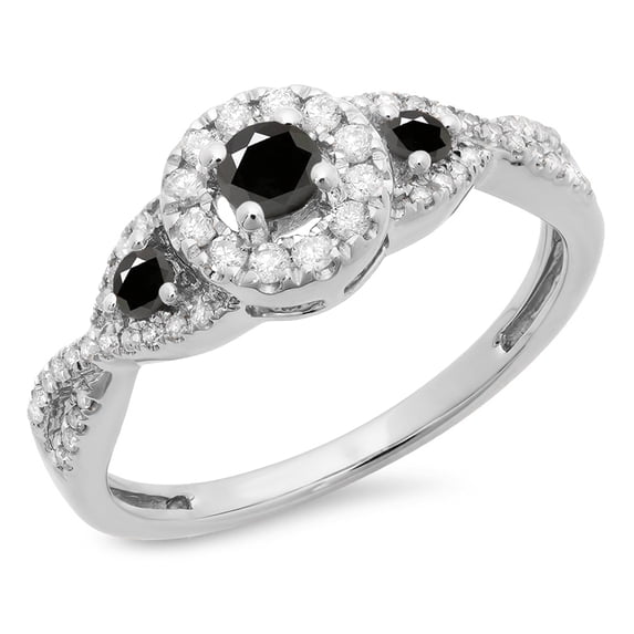 Dazzlingrock Collection 0.60 Carat (ctw) 10K Black & White Diamond 3 Stone Halo Bridal Engagement Ring, White Gold, Size 4.5