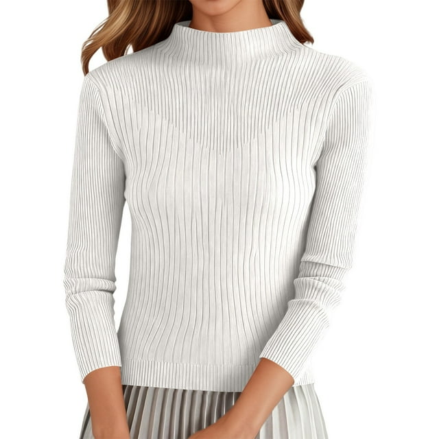 Fiaer Chandail à Col Roulé pour Femmes Automne Grande Taille Manches Longues Ajusté Chaud Uni Confort Tricot Hauts Blanc G