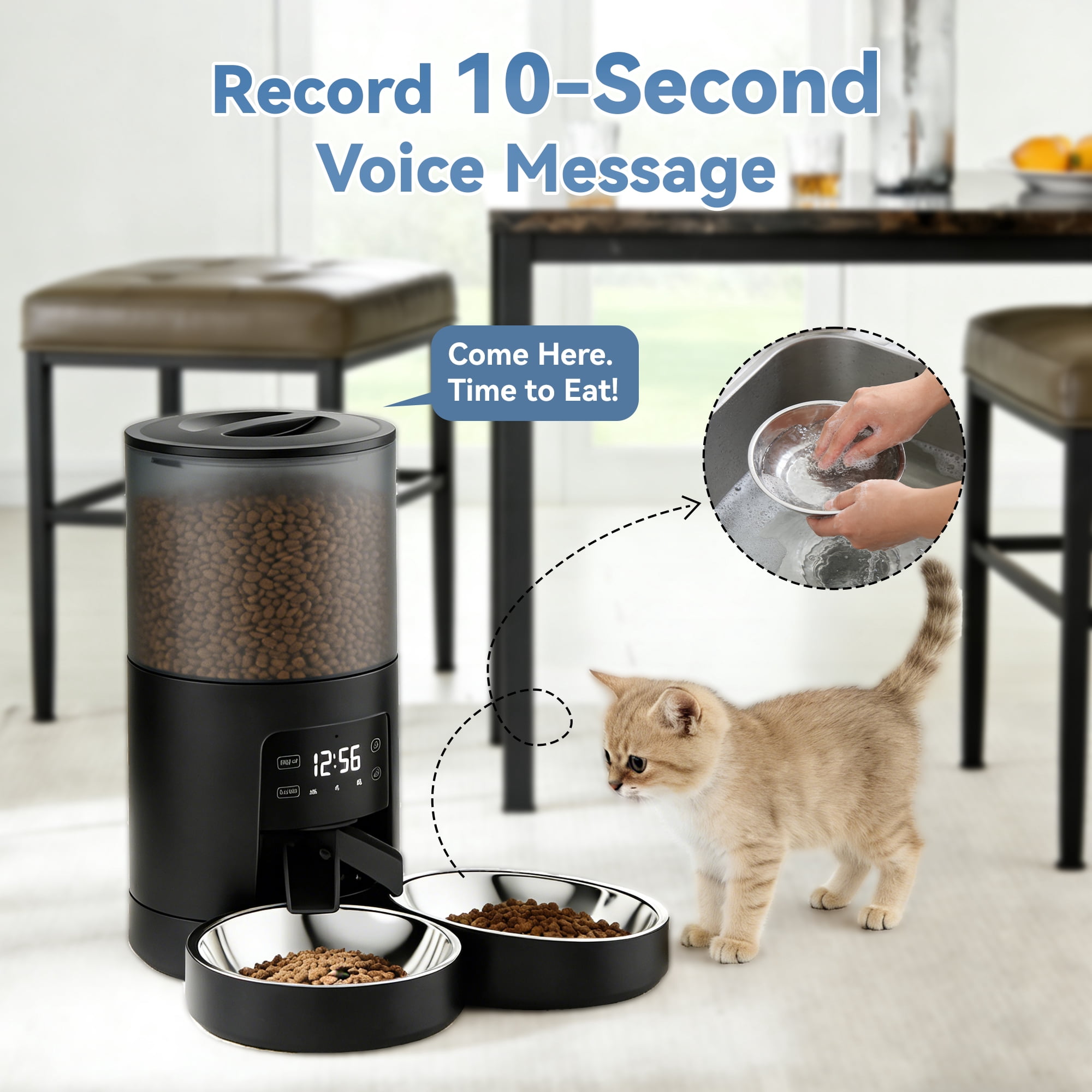 SHOUFTW 6L Automatic Pet Feeder for Cats & Dogs, Timed Dry Food Dispenser with Portion Control, Voice Recorder, Dual Power,Black
