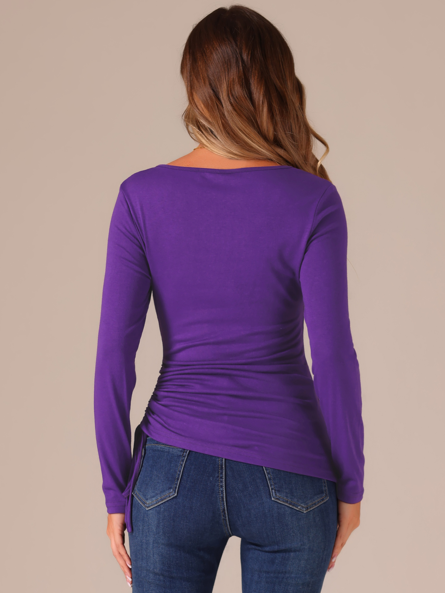 DARING DIVA Women's Scoop Neck Button Ruched Drawstring Tops M Purple