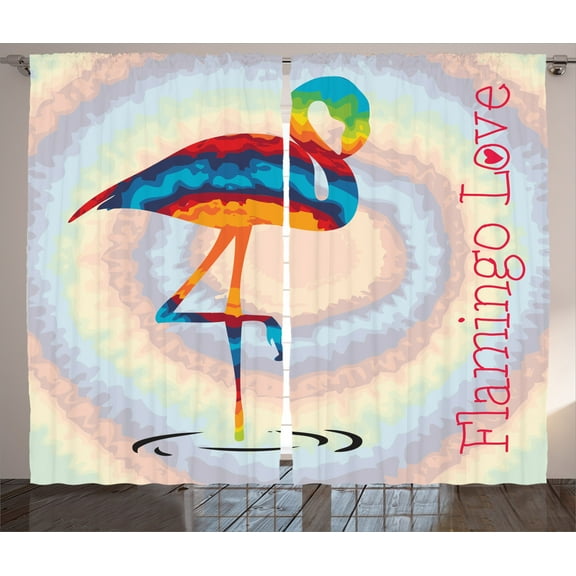 Ambesonne Flamingo Curtains 2 Panel Set, Rainbow Colored Birds, 108" x 90", Multicolor