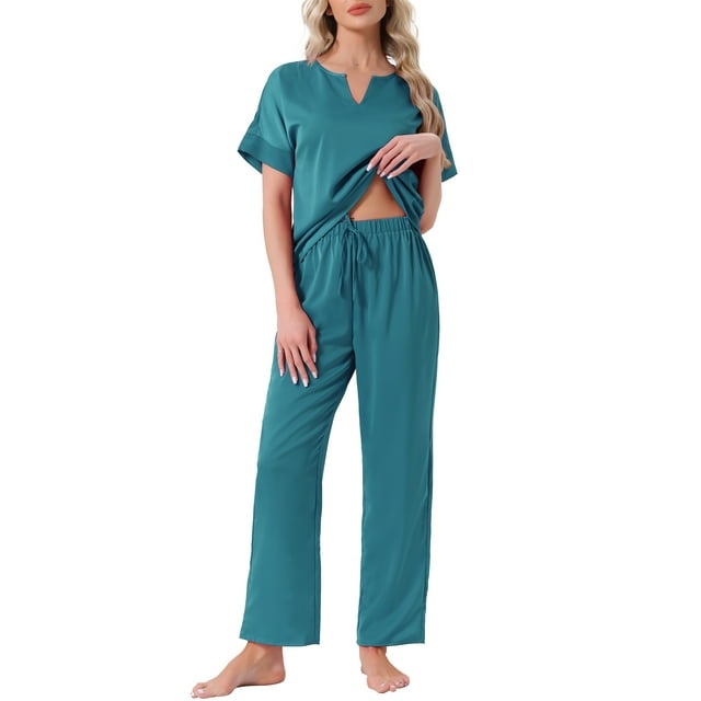 INSPIRAR CHIC Pijamas de Satén para Mujeres, Camiseta de Manga Corta con Cuello en V y Pantalones Largos, Conjunto de Ropa de Casa Suave en Verde Pavo Real