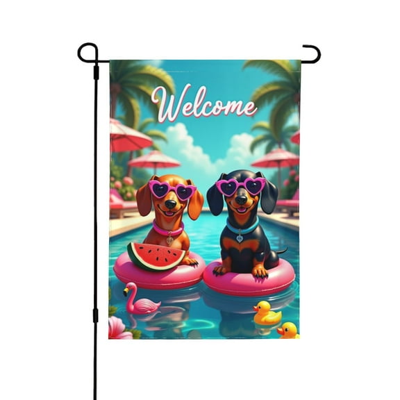 Summer Poolside Dachshund Garden Flag Welcome 12x18 Double Sided Outdoor Decor Cute Dog Pool Float Patio Banner