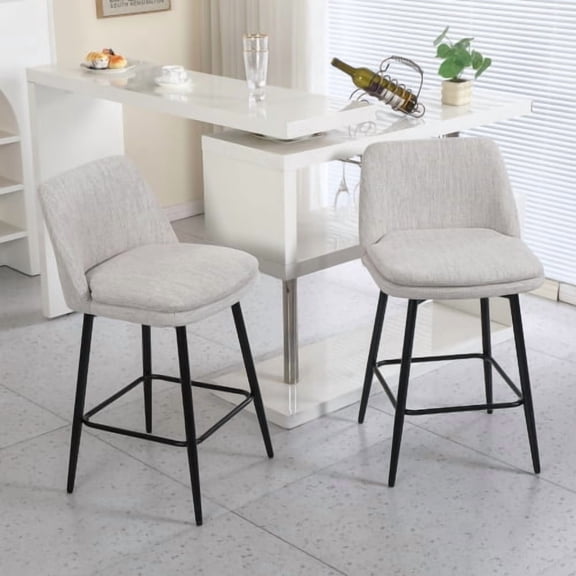 Dtwnek 2 Pack Counter Height Bar Stools with Metal Frame, 360 Degree Swivel Upholstered Linen Barstools for Kitchen Island, Bar, White