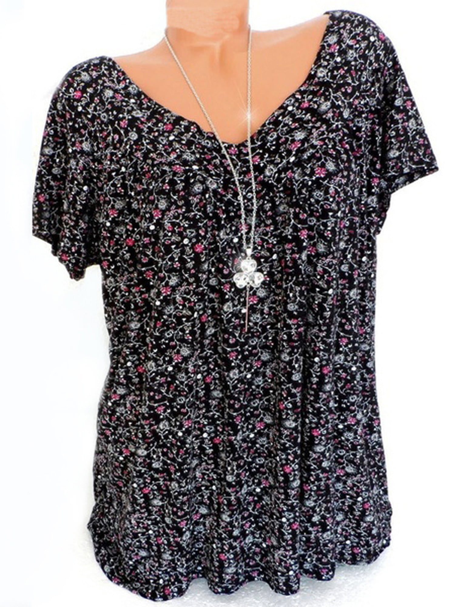 Women's Plus Size V Neck Floral Tops Short Sleeve Summer Loose T-shirts
