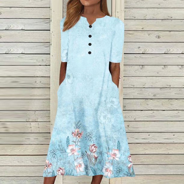 ICHUANYI Clearance Fashion Women Summer Printing Causal V-Neck Button Short Sleeve Vacation Pockets Dress(Blue, XL) ICHUANYI WER2023081001733
