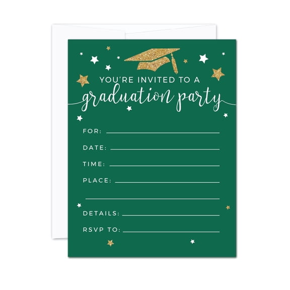Emerald Forest Green and Gold Glittering Graduation Party, Blank Invitations with Envelopes, 20-Pack