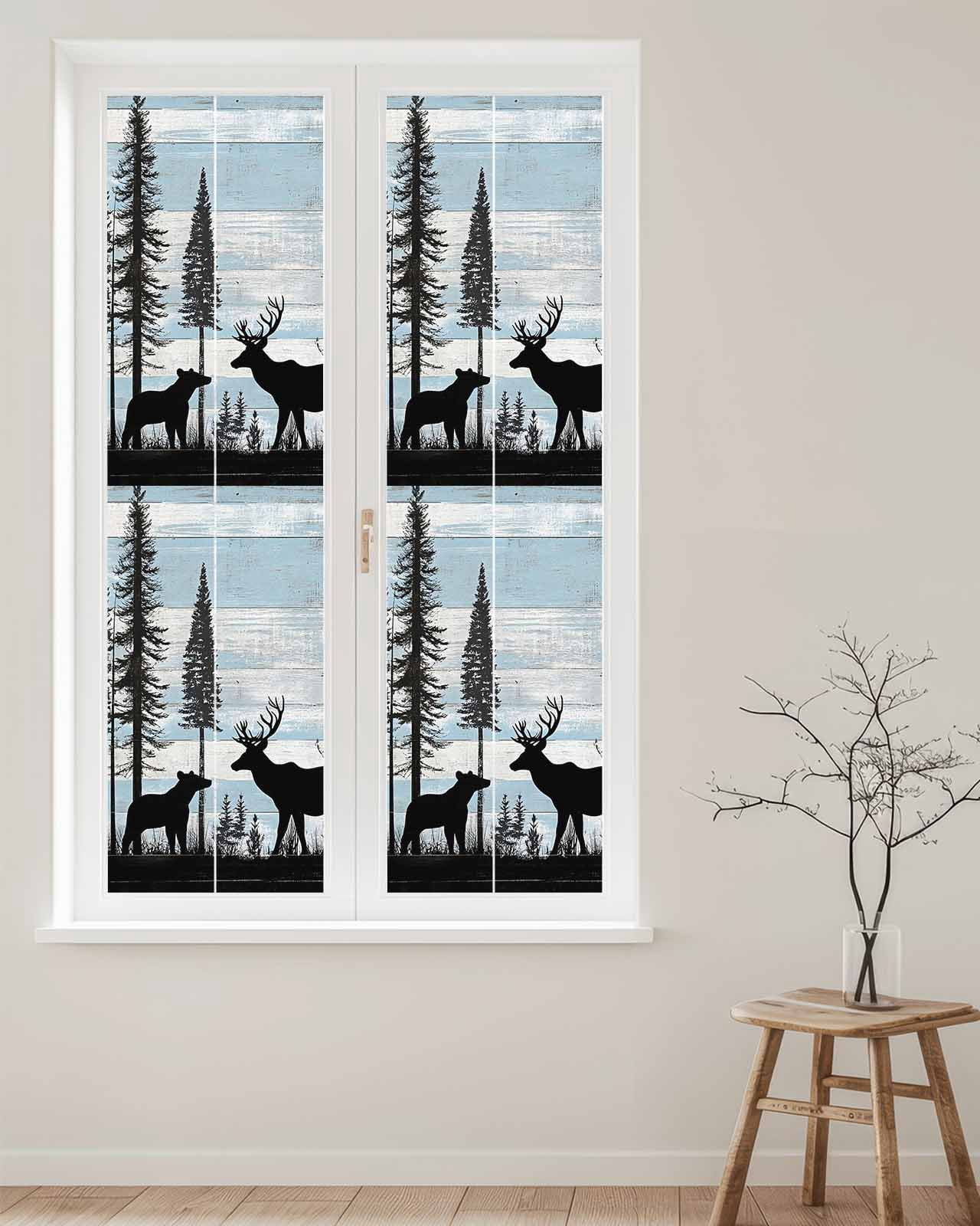 Window Privacy Film Deer Bear Stained Glass Window Film Decorative Sun Block Window Cover Retro Farmhouse Trees Forest Wooden Grain Window Clings Static Adhesive Sticker for Bathroom 29.5"x118"