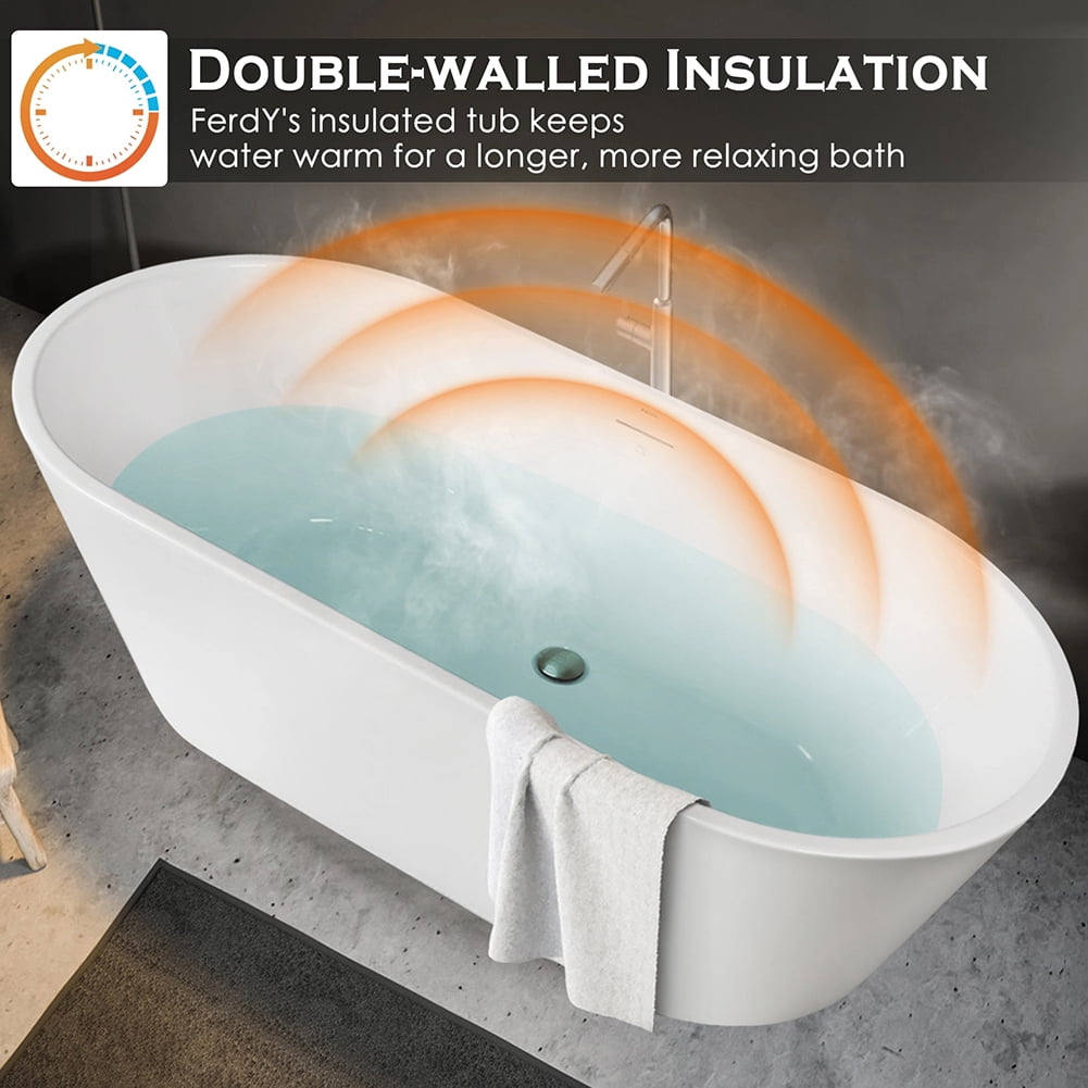 Kepooman Modern Stand Alone Soaking Tub with Brushed Nickel Drain & Overflow Hole, 66.5 x 31.5in Kepooman Modern Stand Alone Soaking Tub with Brushed Nickel Drain & Overflow Hole, 66.5 x 31.5in