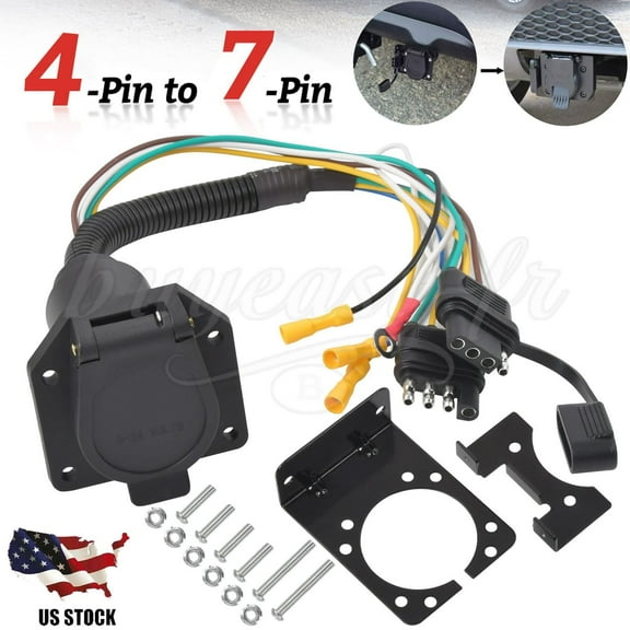 Flat 4 Pin to 7 Way Blade RV Trailer Plug Adapter Tow Truck Light Wire Connector