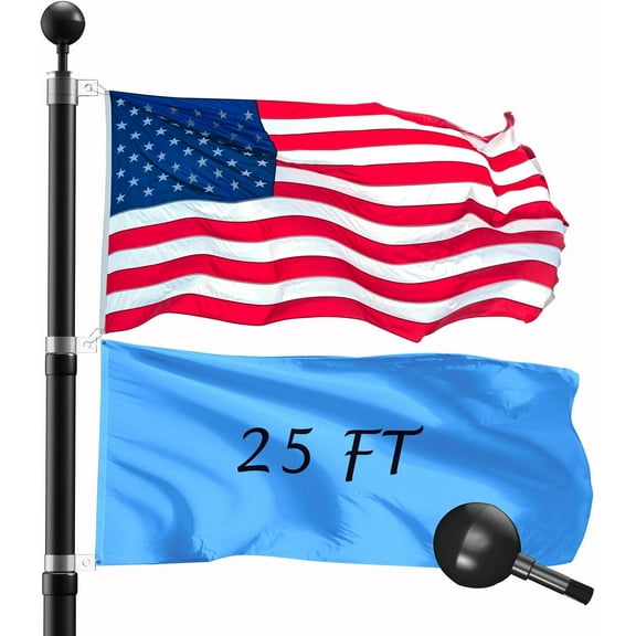 25FT Telescopic Flag Pole Kit: Extra Thick Telescoping Flag Poles, Black Heavy Duty Flag Poles for Outside House Inground with 3x5 American Flag