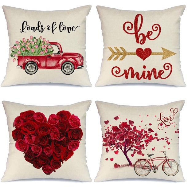 Valentines Day Pillow Covers 18x18 inch Set of 4 for Home Decor Truck