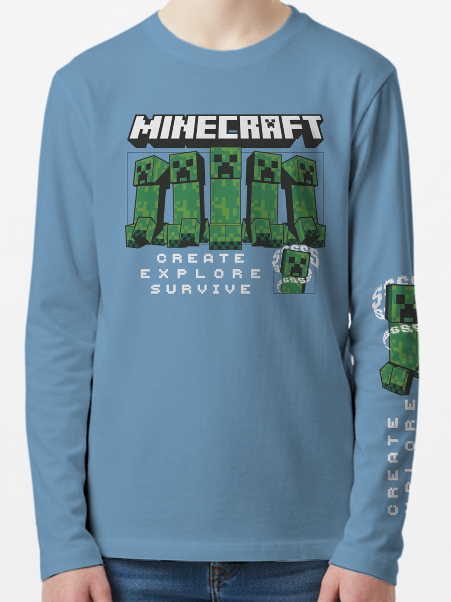 Minecraft, Boys' & Big Boys' Graphic Long-Sleeve T-Shirt, Creeper Montage, Sizes 4-18