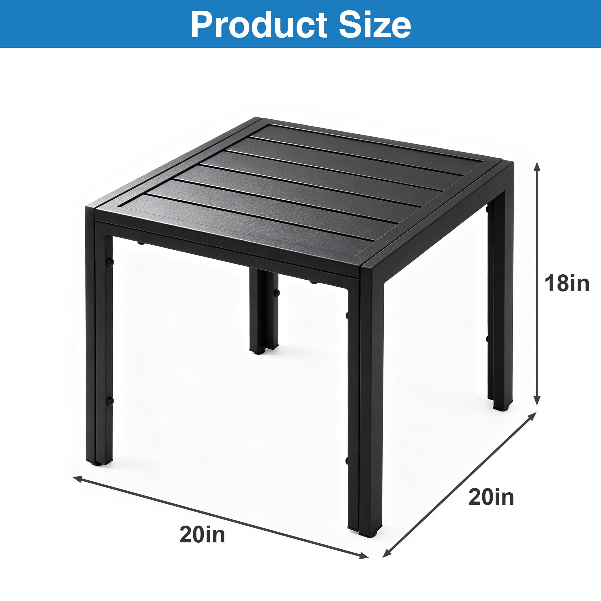 Abble 20 Inch Square Outdoor Side Table, Black Metal Patio End Table with Slatted Tabletop, Weather Resistant Steel Frame Outdoor Side Table for Garden, Porch, Deck, Backyard