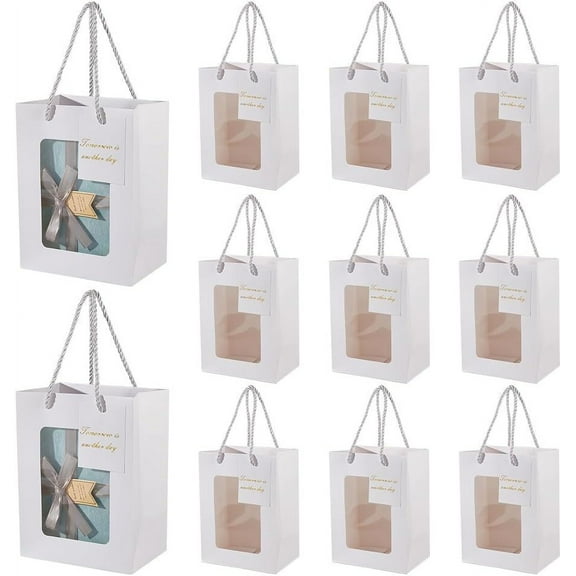12 Pcs Paper Gift Bags with Transparent Window Kraft Paper Bags Shopping Bags with Handle 5.91x3.94x7.87 Inch White Gift Bags for Business Shopping Wedding Birthday Party Supplies Gold