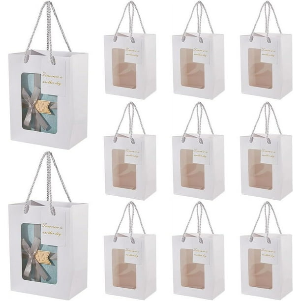 12 bolsas de regalo de papel con ventana transparente, bolsas de papel kraft con asa, bolsas de regalo blancas de 5,91 x 3,94 x 7,87 pulgadas.