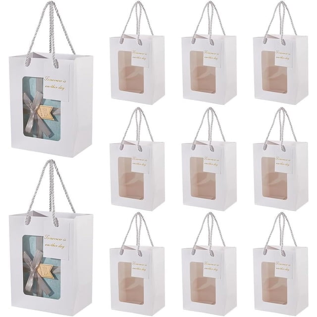 12 bolsas de regalo de papel con ventana transparente, bolsas de papel kraft con asa, bolsas de regalo blancas de 5,91 x 3,94 x 7,87 pulgadas.