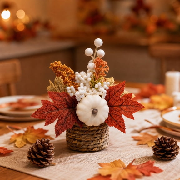 Hometravel Thanksgiving Mini Potted Maple Leaf Pumpkin, Artificial Fall Greenery Desktop Decor, Simulation Plant for Indoor Shelf Window Display