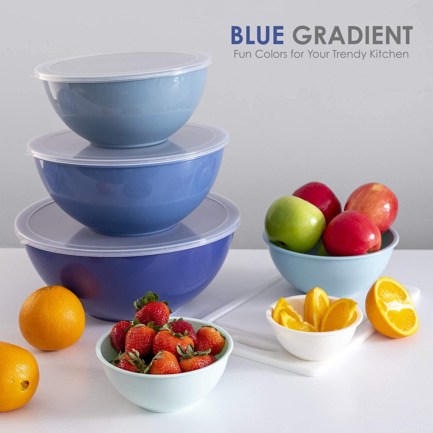 Rae Dunn Mixing Bowls with Lids - 10 Piece Plastic Nesting Bowls Set  includes 5 Prep Bowls and 5 Lids (Blue Ombre)