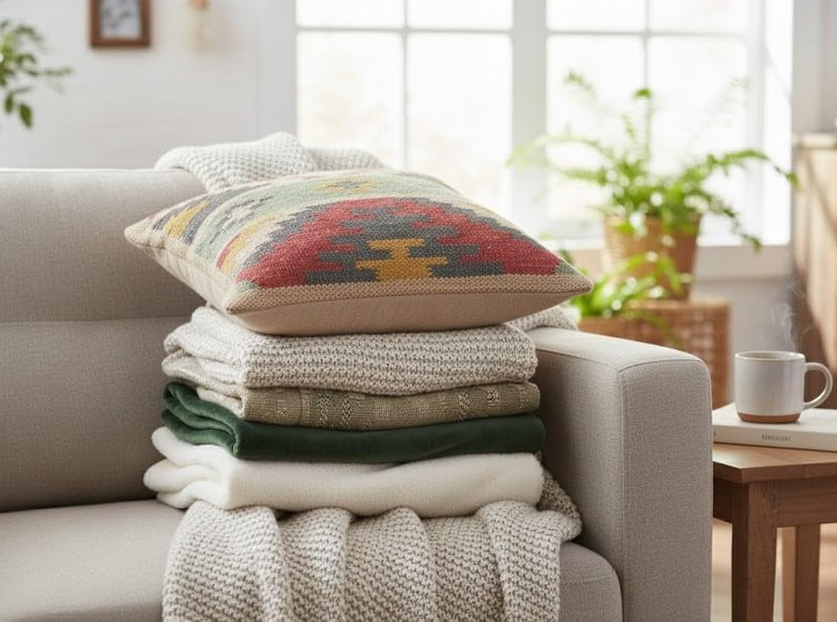 NATURAL FURNISH Handwoven Wool Jute Kilim Cushion Cover | Traditional Southwestern Geometric Decorative Throw Pillow Case | Handmade Kilim Pillow Cover for Sofa, Bed and Living Room (Beige, 2 PCS)