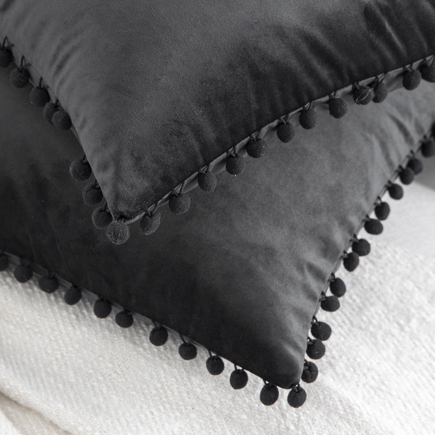 Phantoscope Silky Velvet Series Pom Pom Decorative Throw Throw Pillow Covers, Cushions for Sofa Couch, 12" x 20", Black, 2 Pack