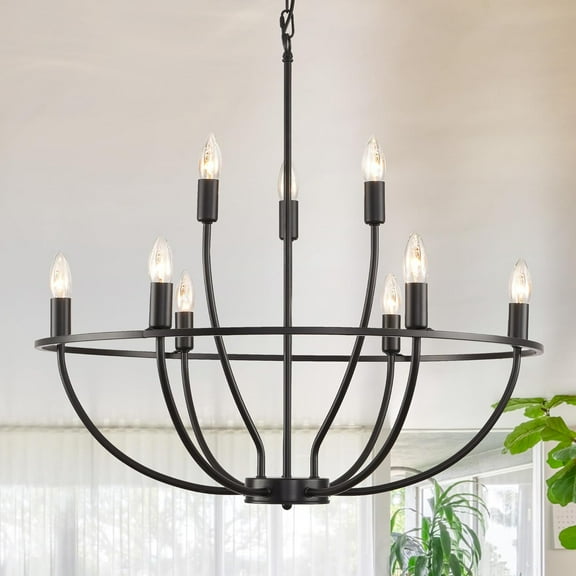 Black Chandeliers for Dining Room: 9-Light Farmhouse Dining Room Light Fixture, Rustic Kitchen Island Lighting, Round Chandelier Light Fixture, for Living Room, Bedroom, Foyer, Entryway