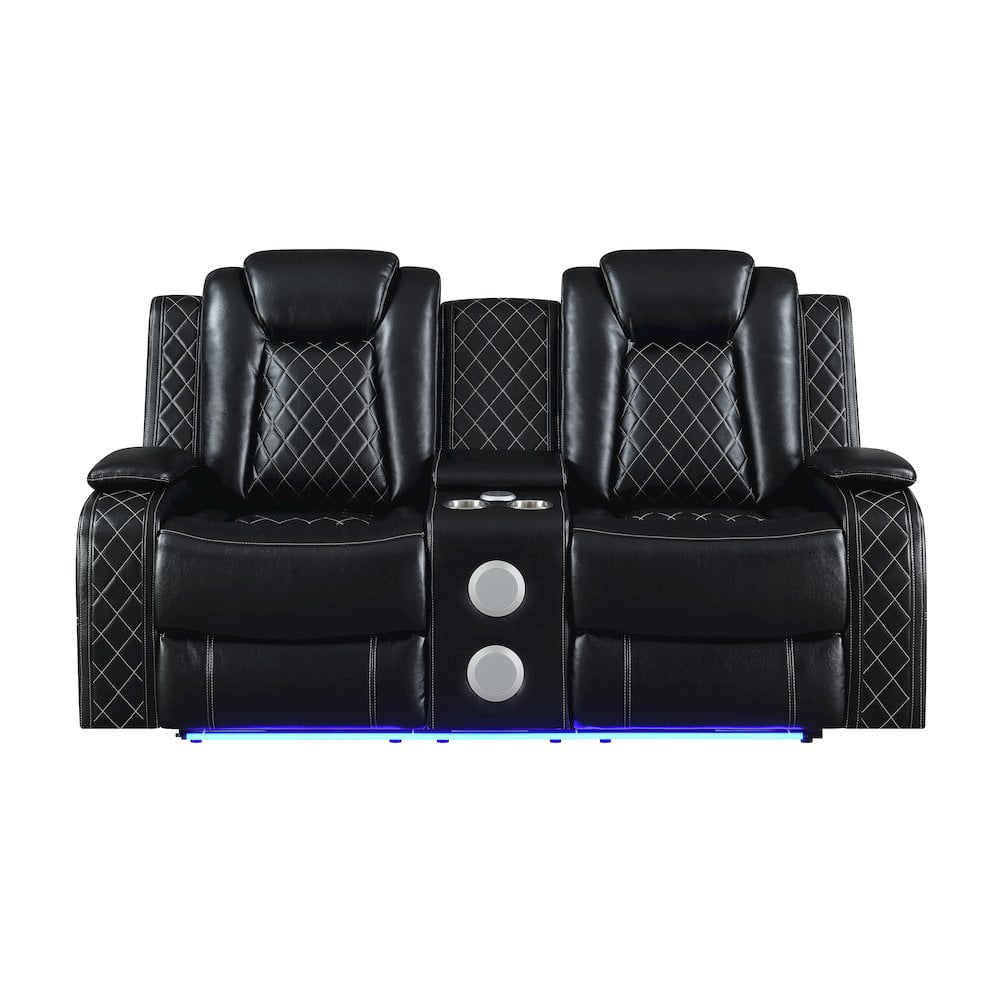 New Classic Furniture Orion II Faux Leather Power Console Loveseat in Black