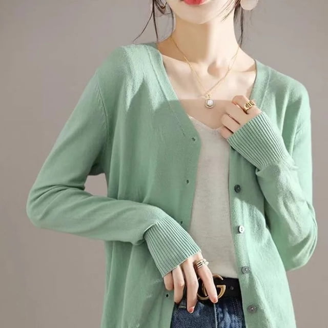 V-Neck Mid-Length Thin Sweater Cardigan Pure Color Spring Summer Breathable Stretchable Open Front Knitted Vest Women's Fashion