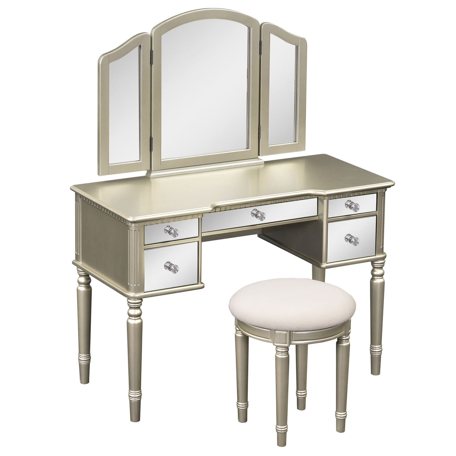 Resenkos 43" Dressing Table Set with Mirrored Drawers and Stool, Tri-fold Mirror, Makeup Vanity Set for Bedroom, Gold Resenkos 43" Dressing Table Set with Mirrored Drawers and Stool, Tri-fold Mirror, Makeup Vanity Set for Bedroom, Gold