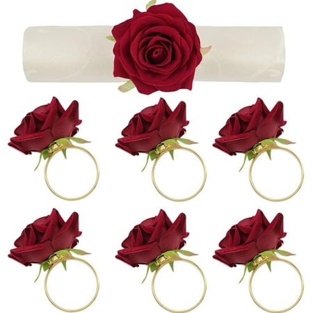 

Bobasndm Valentines Day Rose Napkin Rings Set of 6 Artificial Rose Napkin Rings with Gold Metal Holder Design for Wedding Party Holiday Banquet Anniversary Dining Table Settings Decor