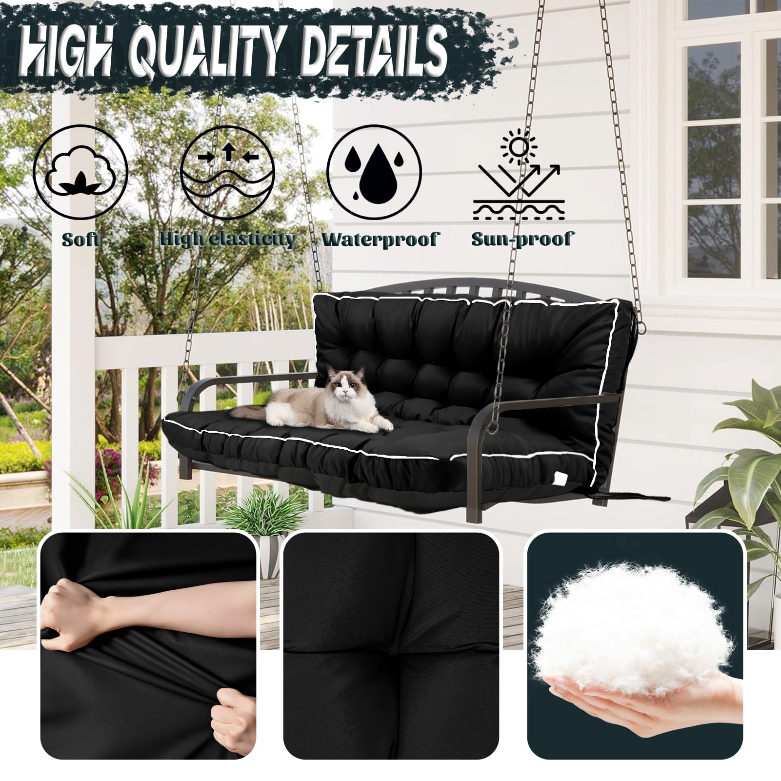 Replacement Cushions for Outdoor Swing, Swing Replacement Cushions Thicken 4" with Backrest, Waterproof Bench Cushions for Patio Furniture Porch Swing Cushions (Black)