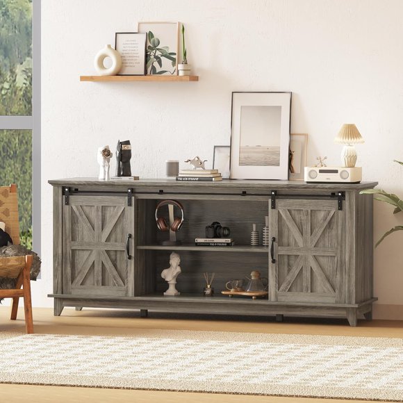 Home Farmhouse TV Stand for 75 in Television, Wood Entertainment Centre with Storage & Barn Doors, Adjustable Shelf Media TV Console Table Cabinet for Living Room, 66 in Large, Grey