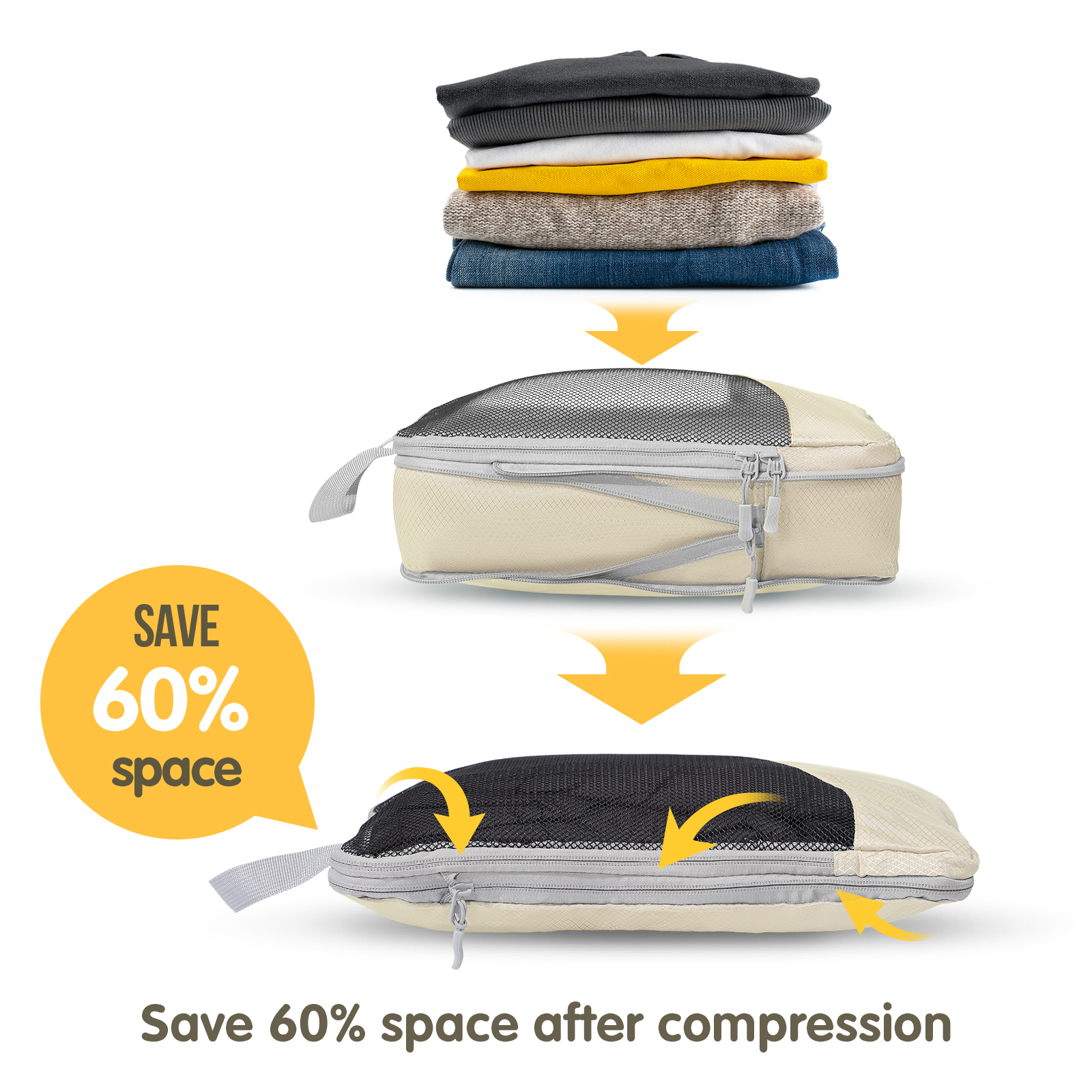 Compression Packing Cubes 8 Set, Dual Zipper Compression Packing Cubes for Travel, See-Through Mesh Packing Bags for Suitcases, packing cubes with shoe bag (Beige)