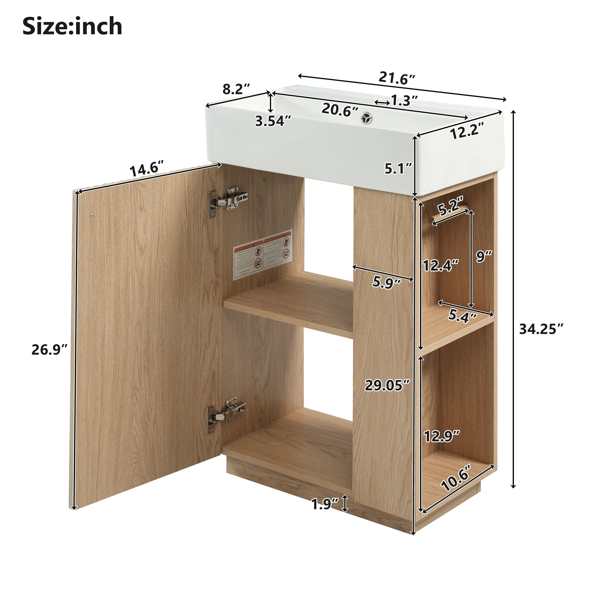 Euroco 21.6" bathroom vanity with ceramic sink, freestanding modern left door wood grain cabinet with open and closed storage for small bathrooms