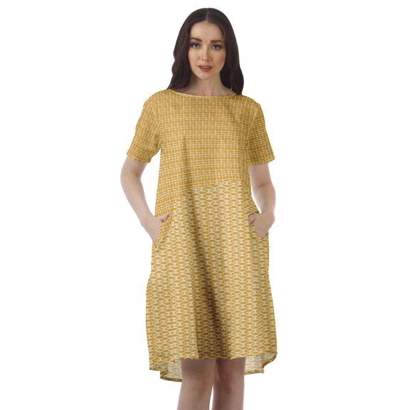 Moomaya Short Sleeve Dresses Women Scoop Neckline Printed Dresses With Pockets