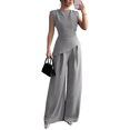 thumbnail image 6 of Stichou Womens Summer 2 Piece Outfit Set Dressy Casual Sleeveless Tank Tops Crew Neck Wide Long Leg Pants with Pockets Gray S, 6 of 8