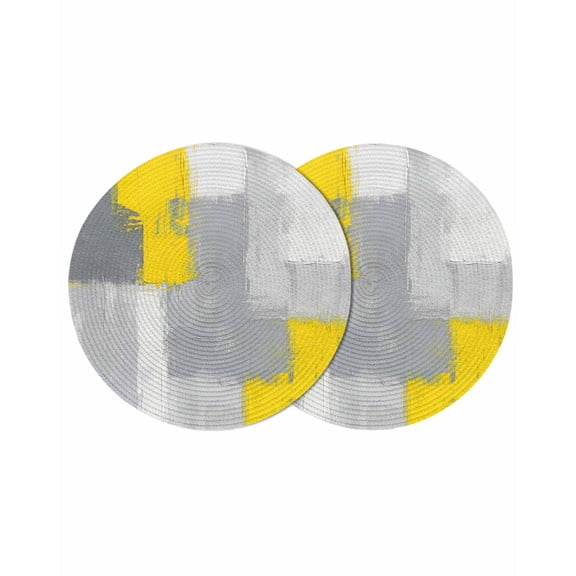 Yellow Grey Round 13 Inch Placemats Set of 2, Abstract Geometric Oil Painting Vintage Gradient HeatResistant Non Slip Place Mats for Dining Table, Wipeable Braided Kitchen Table Mats for Housewarming