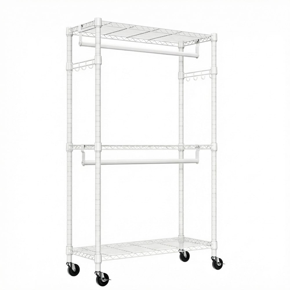 Heavy Duty Rolling Garment Rack, 3-Tier Adjustable Wire Shelving Clothes Rack with 2 Hanging Rods, Side Hooks & Lockable Wheels, White