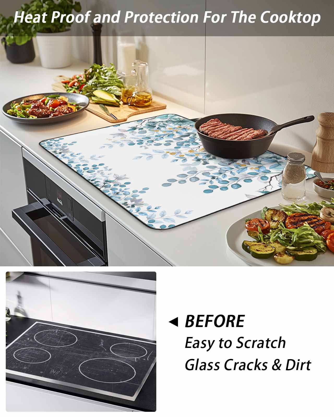 Stove Top Covers for Electric Stove, Blue Eucalyptus Leaves Glass Stovetop Cover Protector, Farmhouse Watercolor Floral Induction Cooktop Protector Oven Mat for Kitchen Countertop 36"x21"