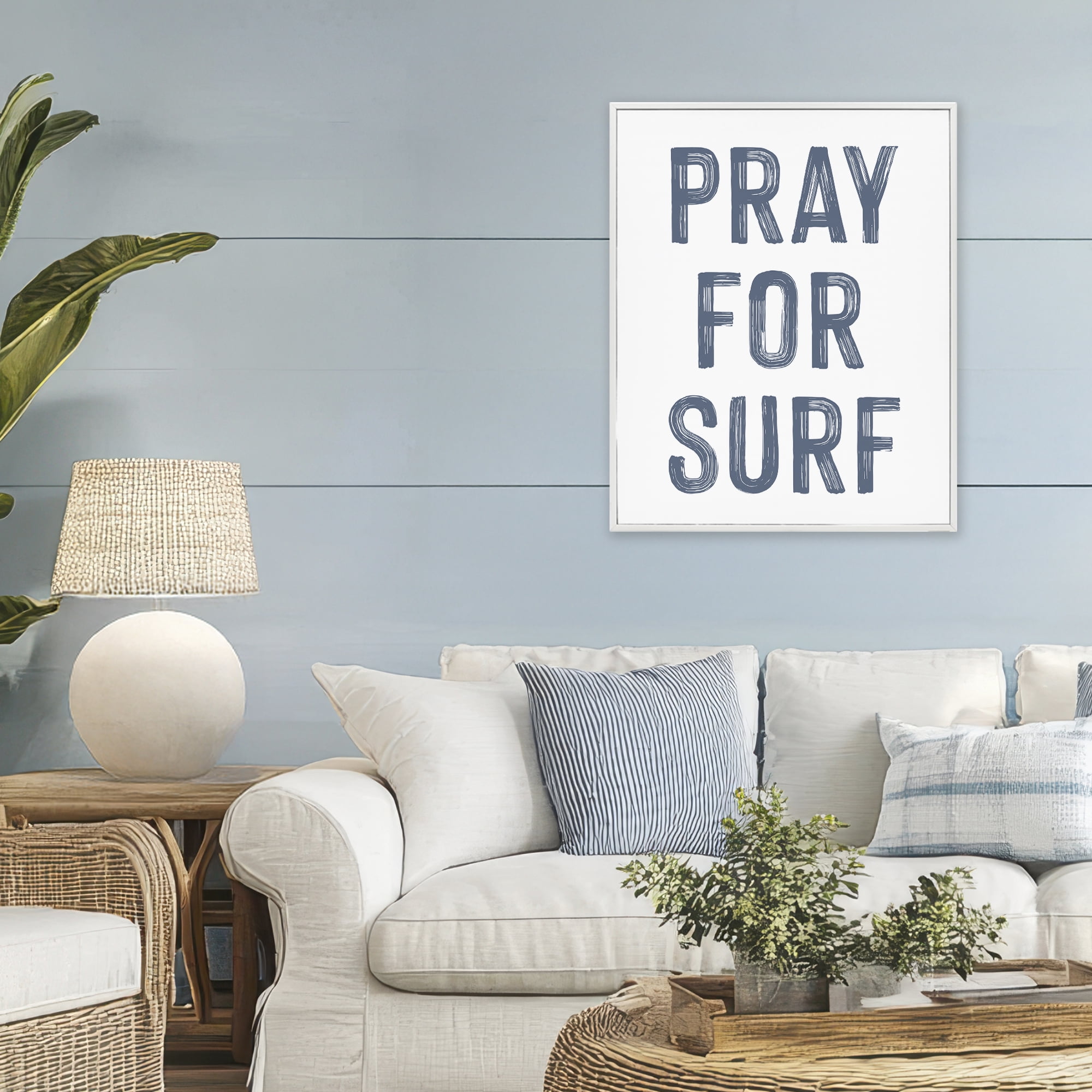 Summer Sentiment Pray For Surf White Framed Giclee Art, design by Lettered and Lined