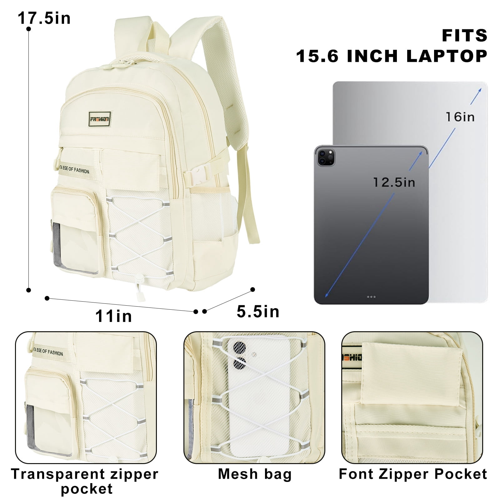 DAKIMOE School Backpack High School Bookbag Durable Large Capacity Lightweight Daypack for College Students Travel Daypack, Beige