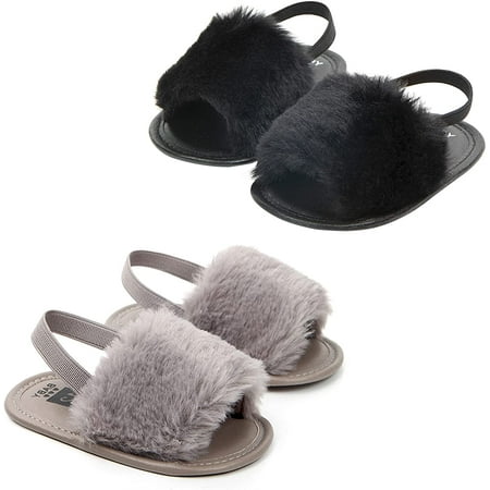 2 Pack Infant Baby Girls Sandals Elastic Back Strap Flats Slippers Soft Toddles Princess Shoes Faux Fur Slides Shoes First Walker House Shoes