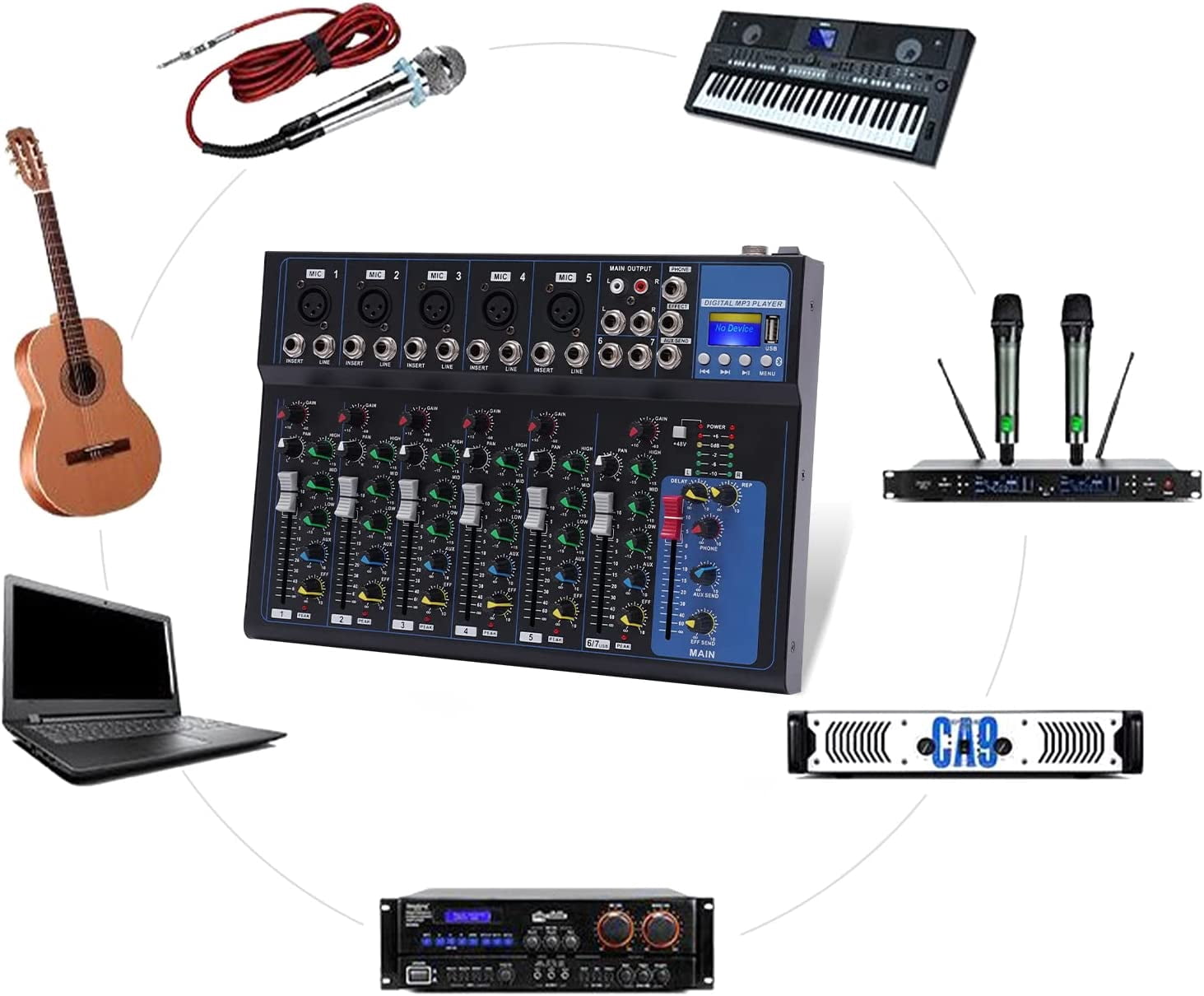 Miumaeov Portability 7-channel Mixer with Monitor Function LCD Display Multi-interface